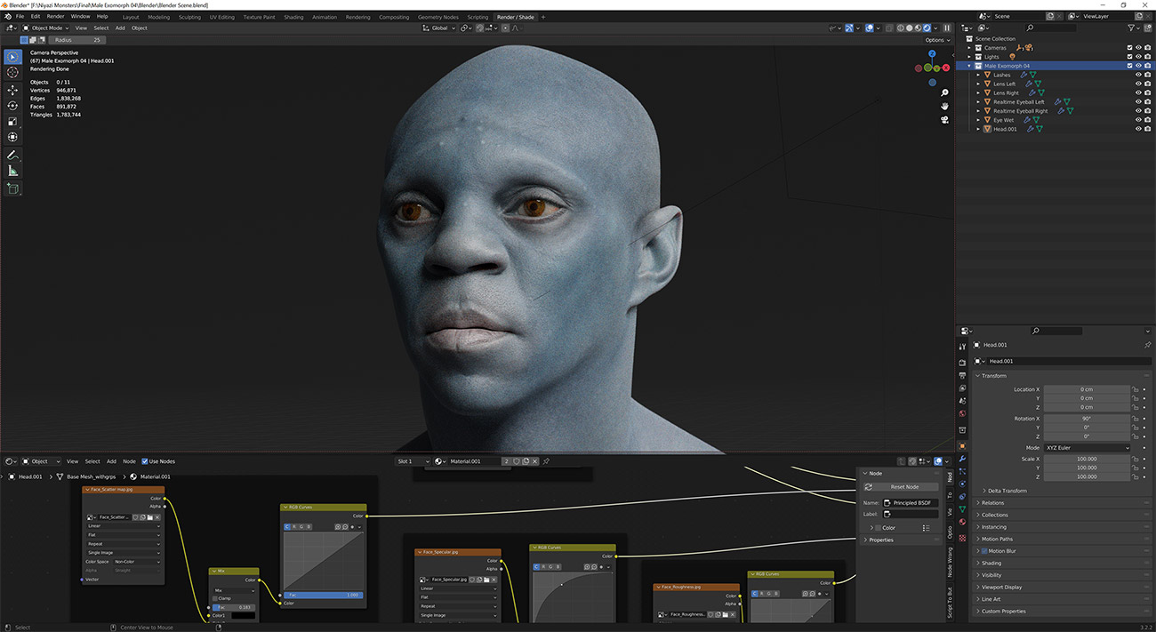 Blender 3d head model photorealistic skin shading